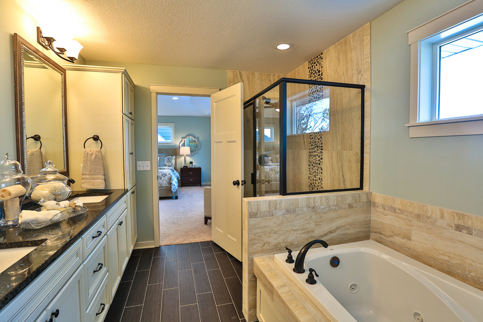 Inspiration for a mid-sized timeless master multicolored tile and porcelain tile porcelain tile bathroom remodel in Minneapolis with beaded inset cabinets, white cabinets, marble countertops, blue walls and an undermount sink