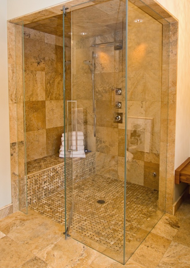 Light stone tile frameless shower Contemporary Bathroom Calgary