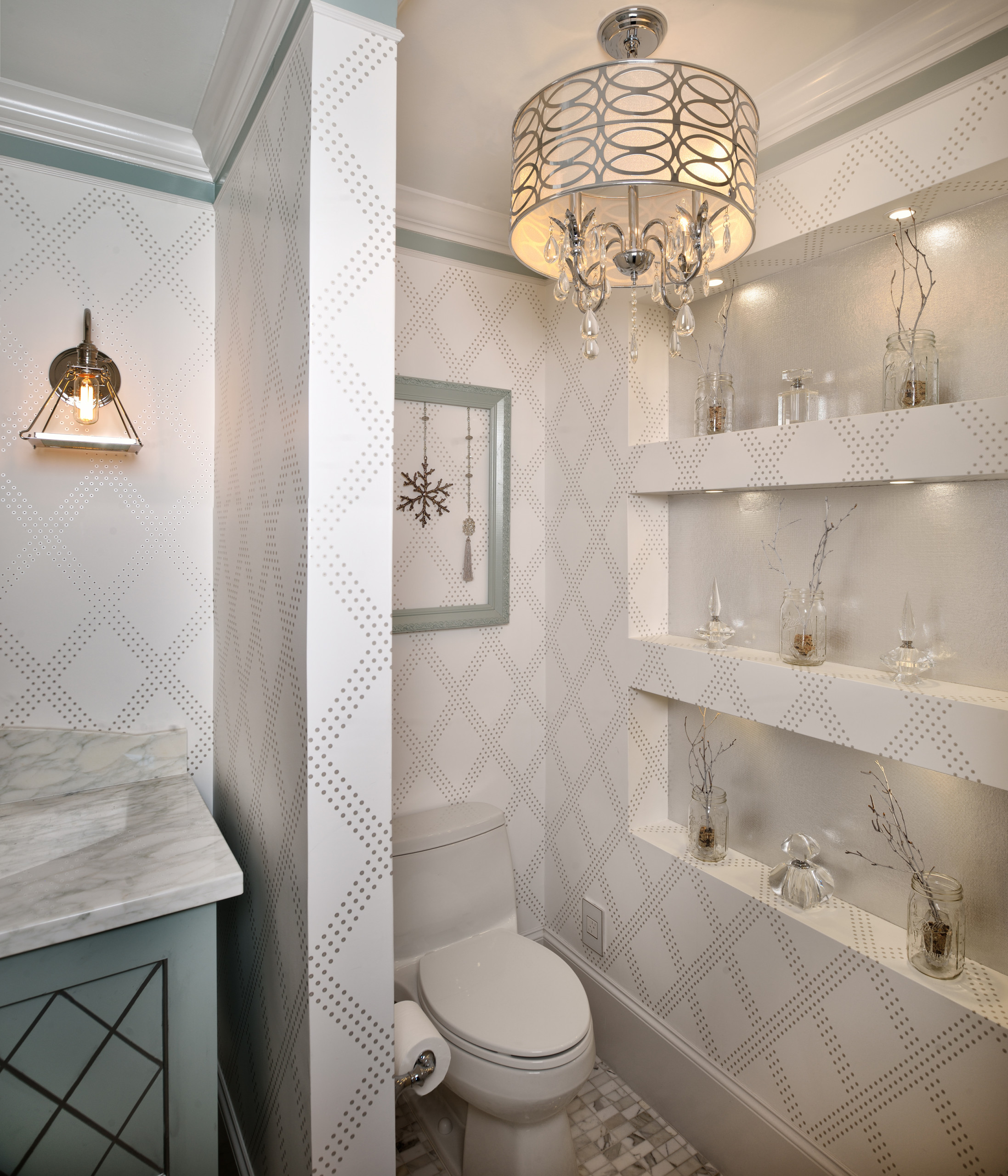 Lighted Niches With Silver Wallcovering Transitional Bathroom Houston By Clr Design Services Inc Houzz