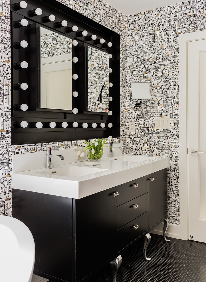 Inspiration for a large traditional ensuite bathroom in Boston with an integrated sink, black cabinets, multi-coloured walls, laminate worktops, a freestanding bath, a walk-in shower, black tiles, mosaic tiles, mosaic tile flooring, black floors and flat-panel cabinets.