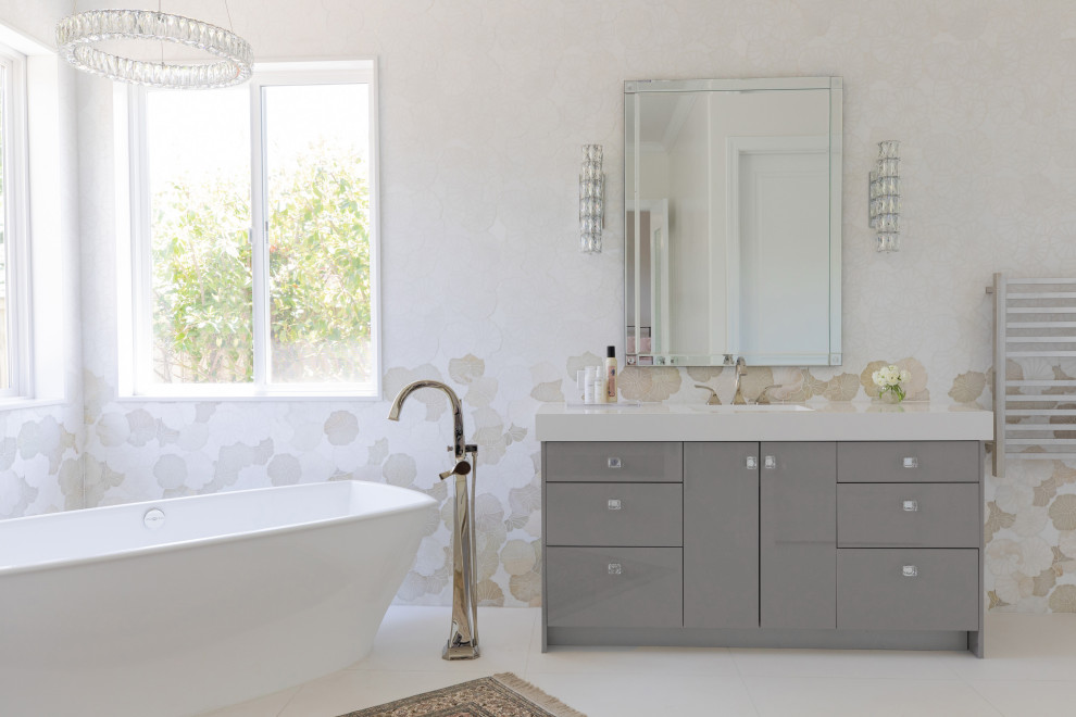 Inspiration for a large classic ensuite bathroom in Sacramento with grey cabinets, white worktops and double sinks.
