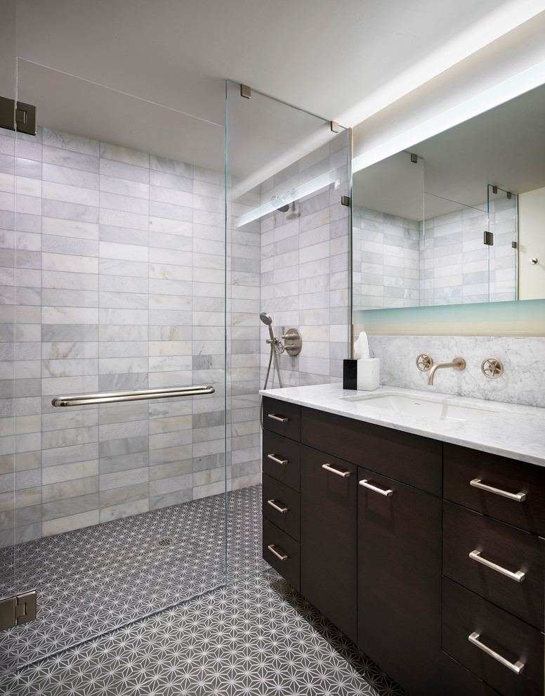 Inspiration for a mid-sized contemporary 3/4 multicolored tile ceramic tile and multicolored floor bathroom remodel in Denver with a hinged shower door, white countertops, flat-panel cabinets, dark wood cabinets, multicolored walls and an undermount sink