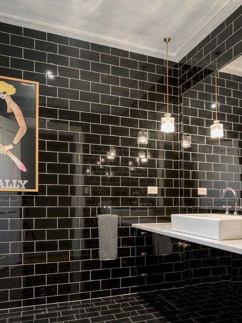 Bathroom - large traditional master black tile and ceramic tile porcelain tile and black floor bathroom idea in Sydney with recessed-panel cabinets, black cabinets and marble countertops