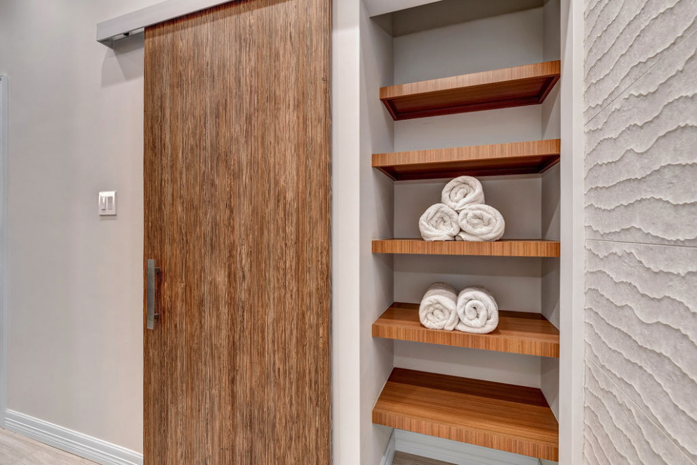 Linen Closet-Barn Door Covers Toilet - Transitional - Bathroom - Dallas ...