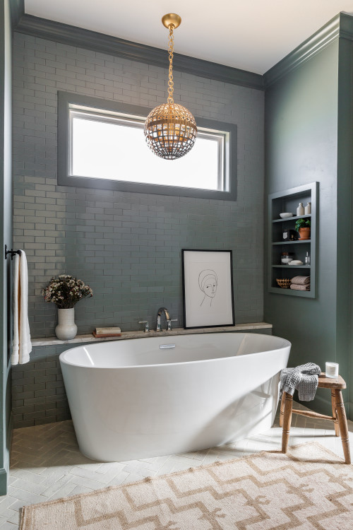 Green and Gray Harmony: Dive into Bathrooms with Gray Subway Tiles and Art Works