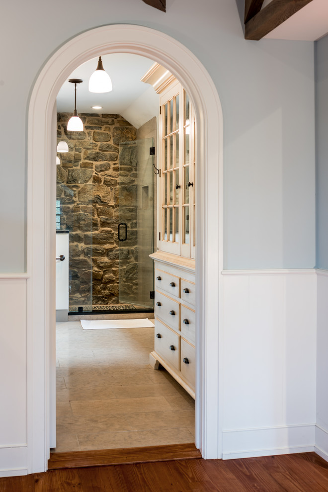 Small farmhouse master gray tile and stone tile gray floor alcove shower photo in Philadelphia with flat-panel cabinets, distressed cabinets, gray walls, an undermount sink, soapstone countertops and a hinged shower door