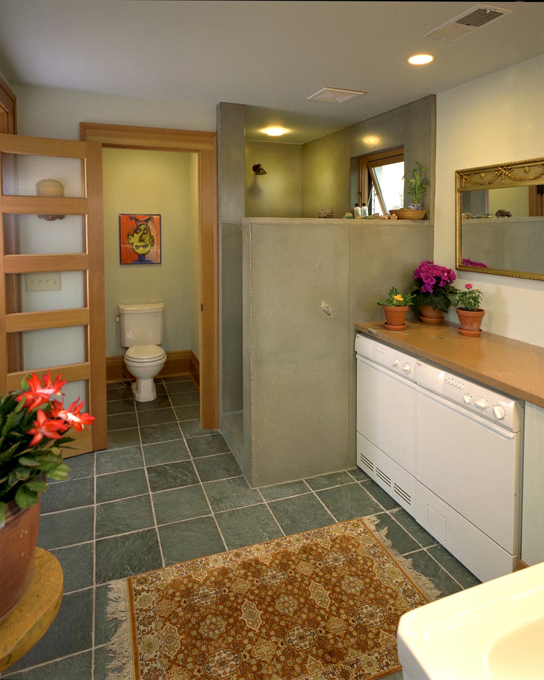 Imagen de cuarto de baño ecléctico con ducha abierta, sanitario de dos piezas, ducha abierta y tendedero