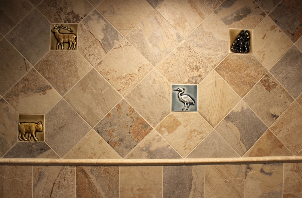 Rustic Bathroom Cleveland, Log Tile Flooring