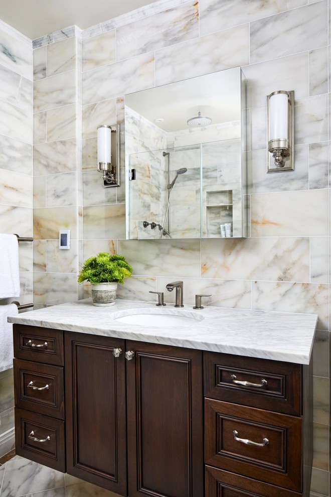 Inspiration for a small eclectic master multicolored tile and marble tile marble floor and multicolored floor bathroom remodel in Boston with shaker cabinets, dark wood cabinets, an undermount sink, quartz countertops, white countertops and multicolored walls