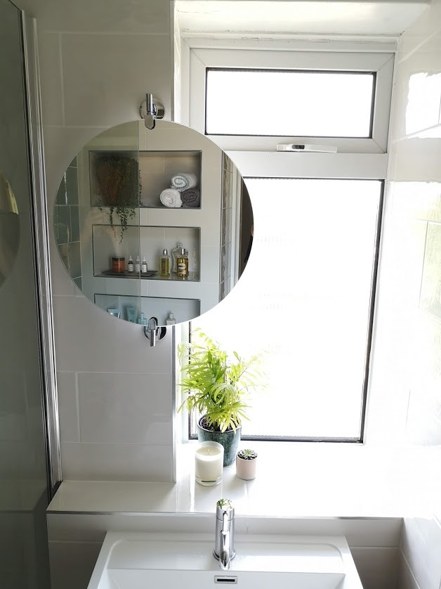Small contemporary family bathroom in London with flat-panel cabinets, brown cabinets, a walk-in shower, a one-piece toilet, green tiles, porcelain tiles, white walls, porcelain flooring, an integrated sink, tiled worktops, grey floors, an open shower and white worktops.