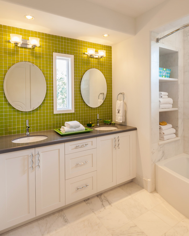 Inspiration for a contemporary bathroom in Miami with shaker cabinets, white cabinets and green tiles.