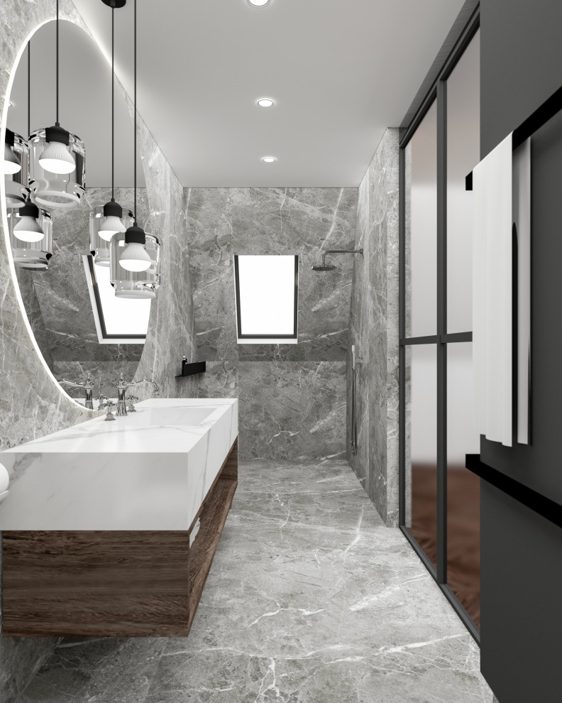 Идея дизайна: детская ванная комната среднего размера в стиле модернизм с открытыми фасадами, темными деревянными фасадами, открытым душем, унитазом-моноблоком, серой плиткой, керамической плиткой, серыми стенами, полом из керамической плитки, мраморной столешницей, серым полом, открытым душем, белой столешницей, тумбой под одну раковину и подвесной тумбой
