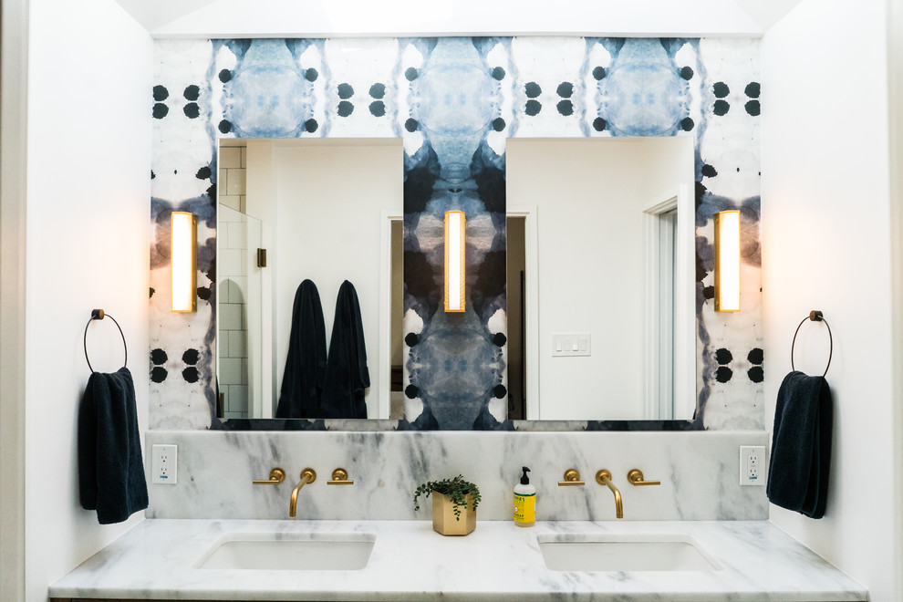 Example of a mid-sized trendy 3/4 white tile and mosaic tile porcelain tile and multicolored floor bathroom design in Austin with flat-panel cabinets, dark wood cabinets, a two-piece toilet, white walls, a vessel sink and marble countertops