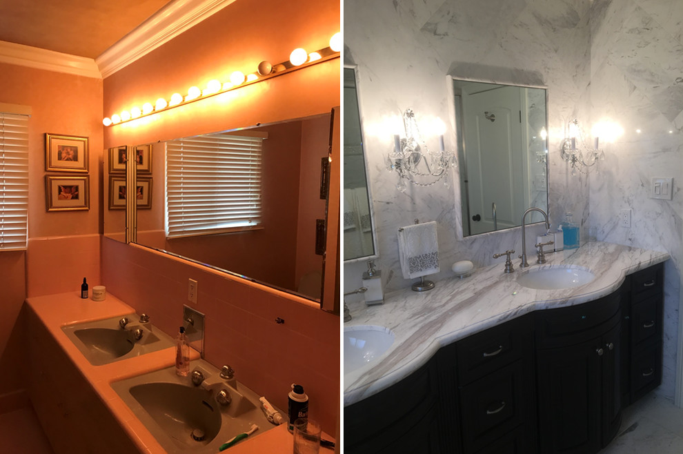Small victorian ensuite bathroom in Los Angeles with raised-panel cabinets, dark wood cabinets, an alcove bath, an alcove shower, a two-piece toilet, white tiles, marble tiles, marble flooring, a submerged sink, marble worktops, white floors and a sliding door.