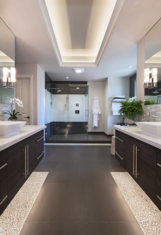 Trendy master walk-in shower photo in Orange County with a vessel sink