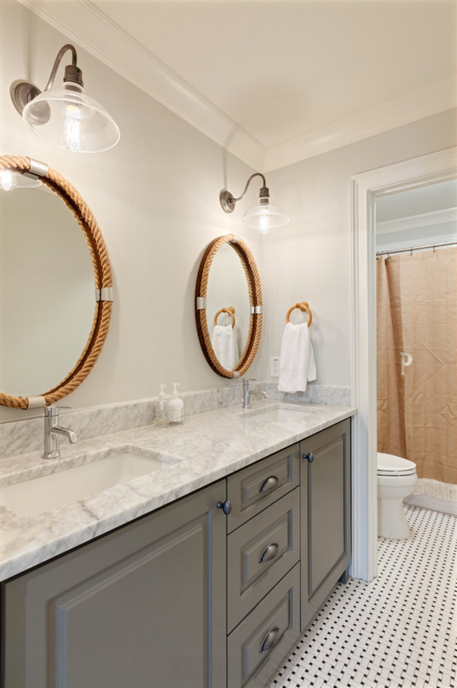 Mid-sized farmhouse master black and white tile and mosaic tile bathroom photo in Los Angeles with raised-panel cabinets, gray cabinets, gray walls, an undermount sink and marble countertops