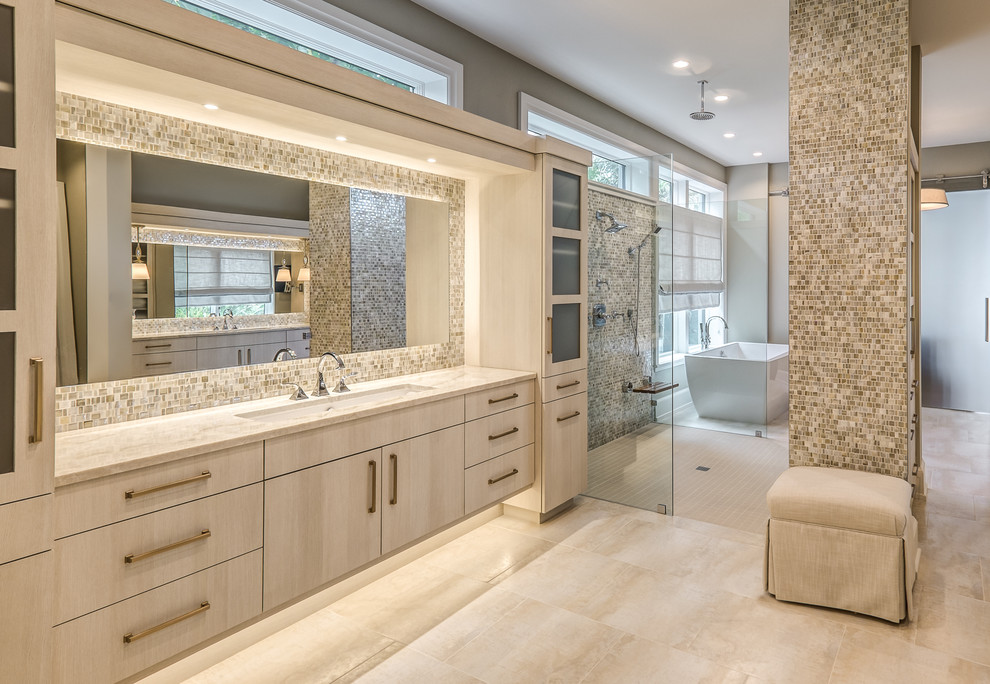 Inspiration for a huge transitional master beige tile, brown tile, gray tile and mosaic tile porcelain tile and beige floor bathroom remodel in Other with flat-panel cabinets, light wood cabinets, gray walls, an undermount sink and beige countertops