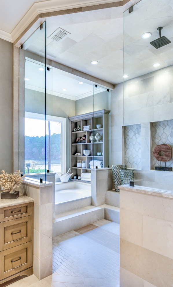 Inspiration for a large traditional ensuite bathroom in Other with recessed-panel cabinets, a built-in bath, a walk-in shower, porcelain tiles, porcelain flooring, a submerged sink, quartz worktops, an open shower, light wood cabinets, white walls, white floors and beige worktops.