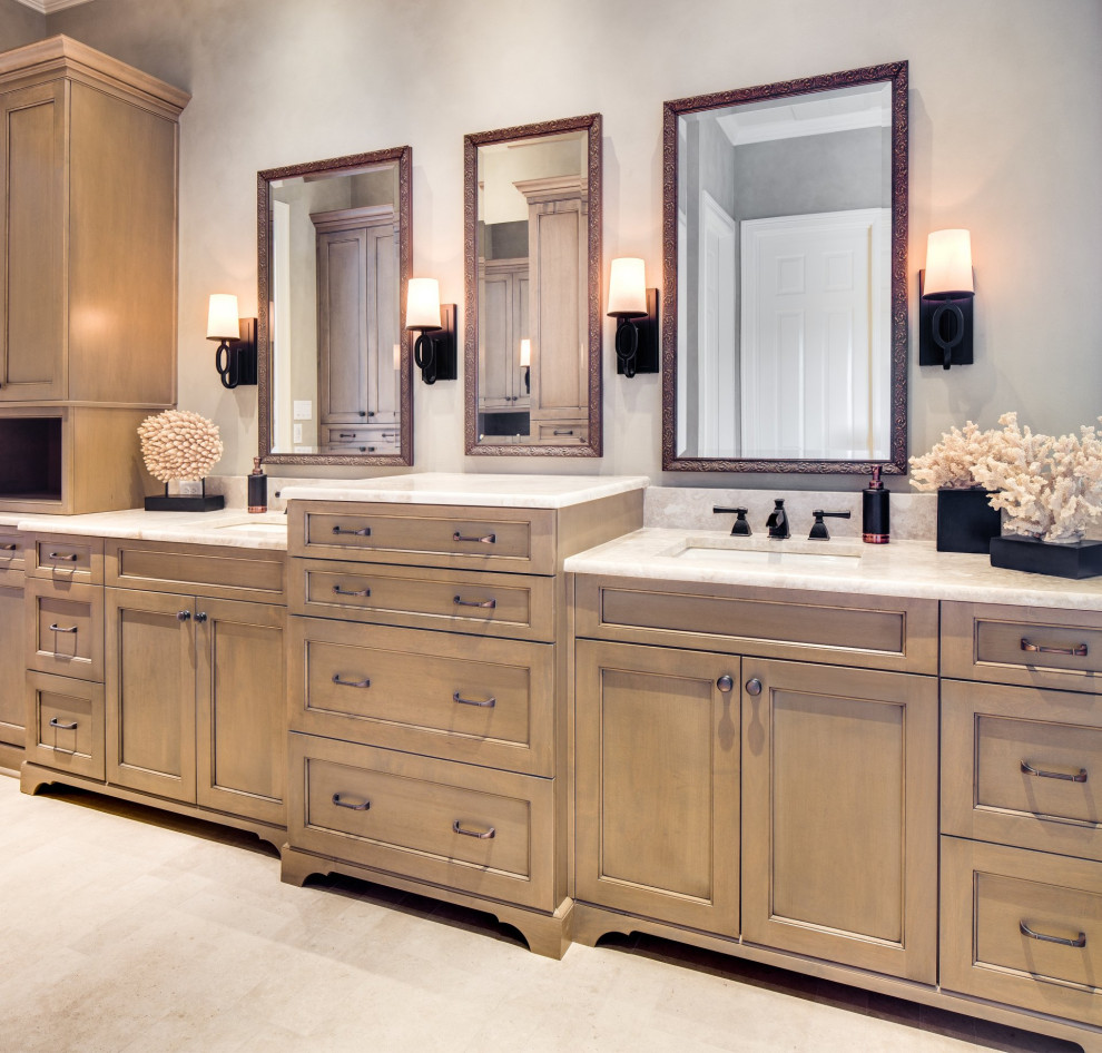Inspiration for a large transitional master porcelain tile porcelain tile and white floor bathroom remodel in Other with recessed-panel cabinets, an undermount sink, quartzite countertops, light wood cabinets, white walls and beige countertops