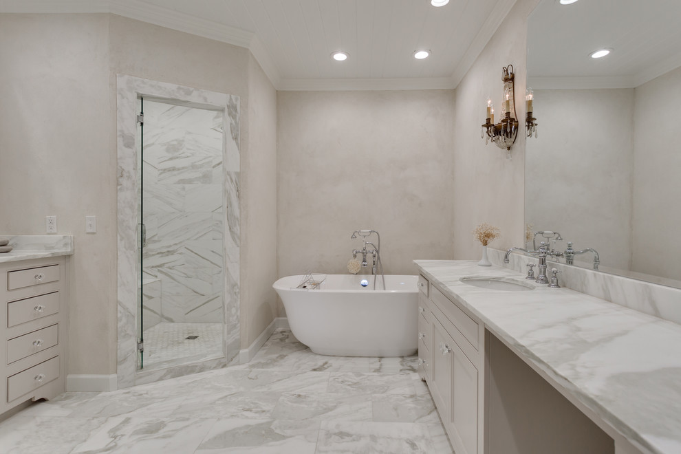 Bathroom - mid-sized victorian master white tile and marble tile marble floor and white floor bathroom idea in Dallas with beaded inset cabinets, white cabinets, a two-piece toilet, white walls, an undermount sink, marble countertops and a hinged shower door