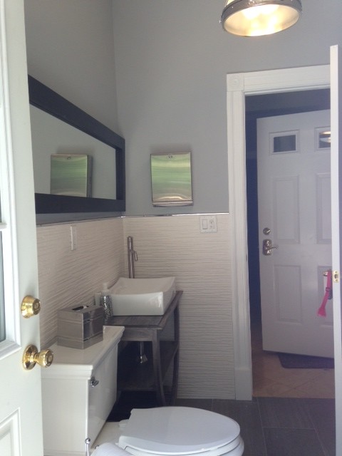 Example of a small trendy 3/4 white tile and ceramic tile porcelain tile bathroom design in Philadelphia with gray walls