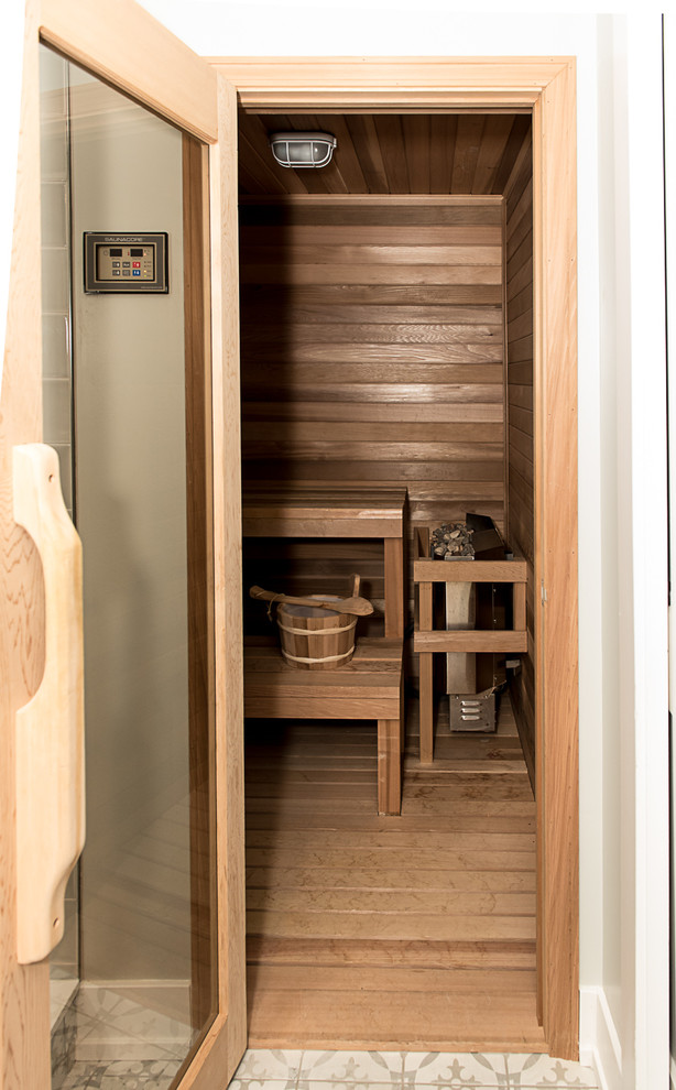 Inspiration for a medium sized midcentury sauna bathroom in Chicago with flat-panel cabinets, brown cabinets, a two-piece toilet, grey walls, porcelain flooring, a submerged sink, engineered stone worktops, multi-coloured floors and white worktops.