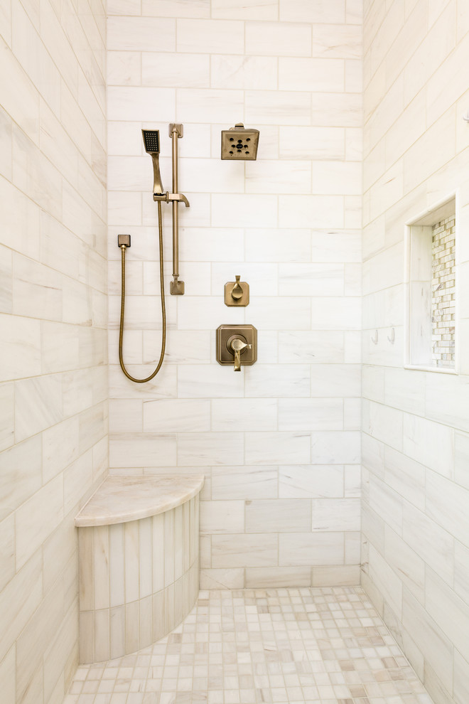 Inspiration for a mid-sized transitional master white tile and marble tile marble floor and white floor bathroom remodel in Other with recessed-panel cabinets, gray cabinets, gray walls, an undermount sink, marble countertops, a hinged shower door, white countertops and a niche