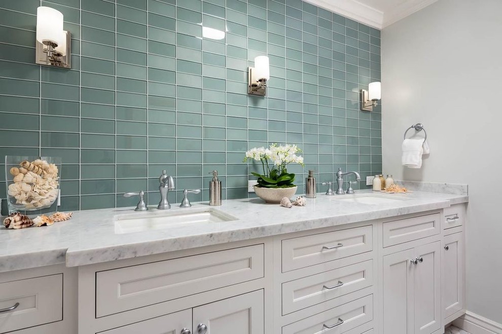 Bathroom - mid-sized transitional master green tile and glass tile gray floor bathroom idea in San Francisco with shaker cabinets, white cabinets, gray walls, an undermount sink and marble countertops