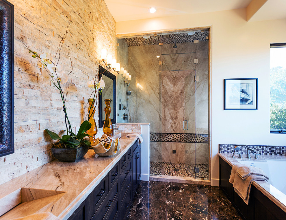 Large contemporary ensuite bathroom in San Francisco with a hinged door, shaker cabinets, dark wood cabinets, an alcove bath, an alcove shower, beige tiles, brown tiles, mosaic tiles, beige walls, marble flooring, an integrated sink and engineered stone worktops.