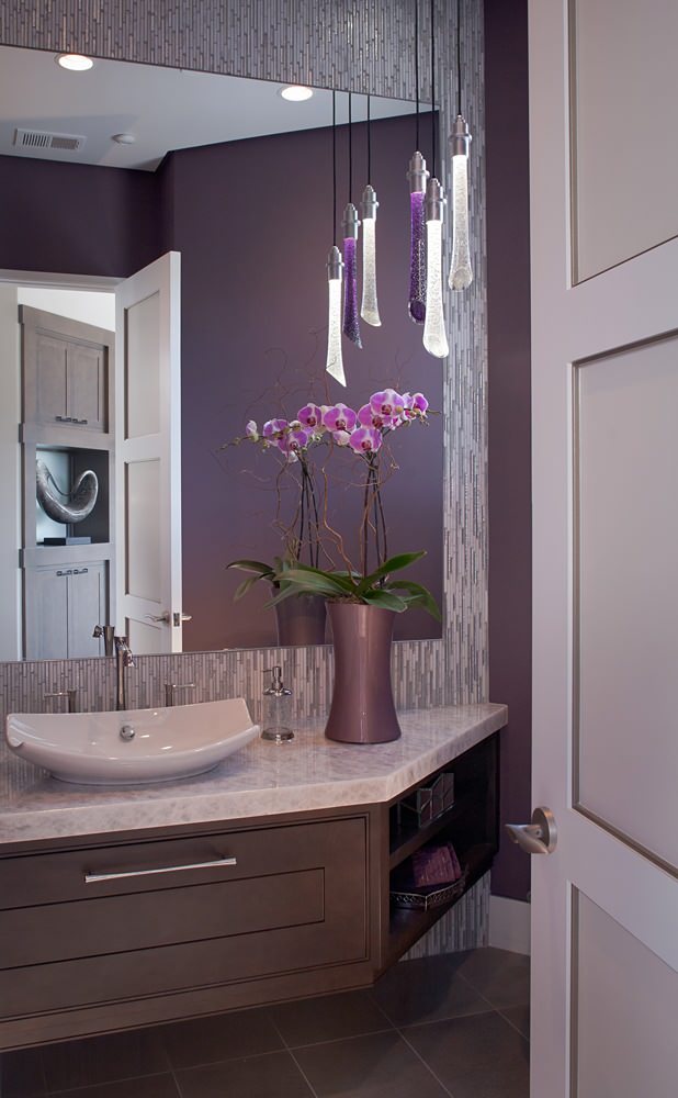 Simple Small Bathroom with Purple Rug. Stock Photo - Image of