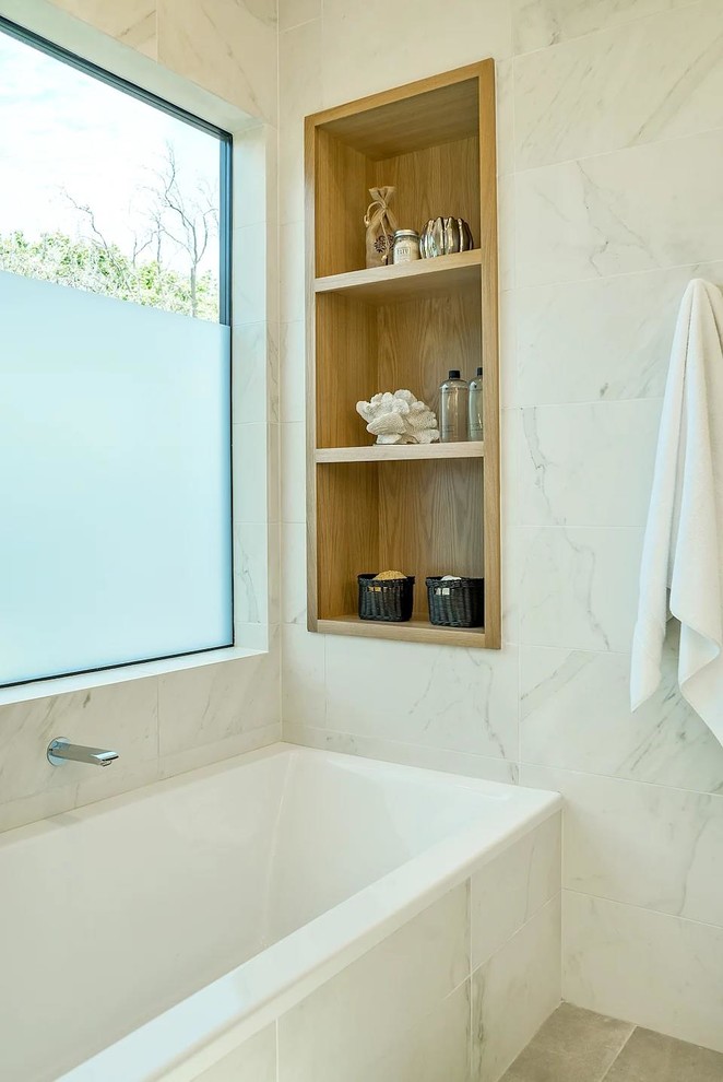 Inspiration for a mid-sized modern master gray tile and marble tile concrete floor and gray floor bathroom remodel in San Francisco with flat-panel cabinets, light wood cabinets, gray walls, an undermount sink, marble countertops and white countertops