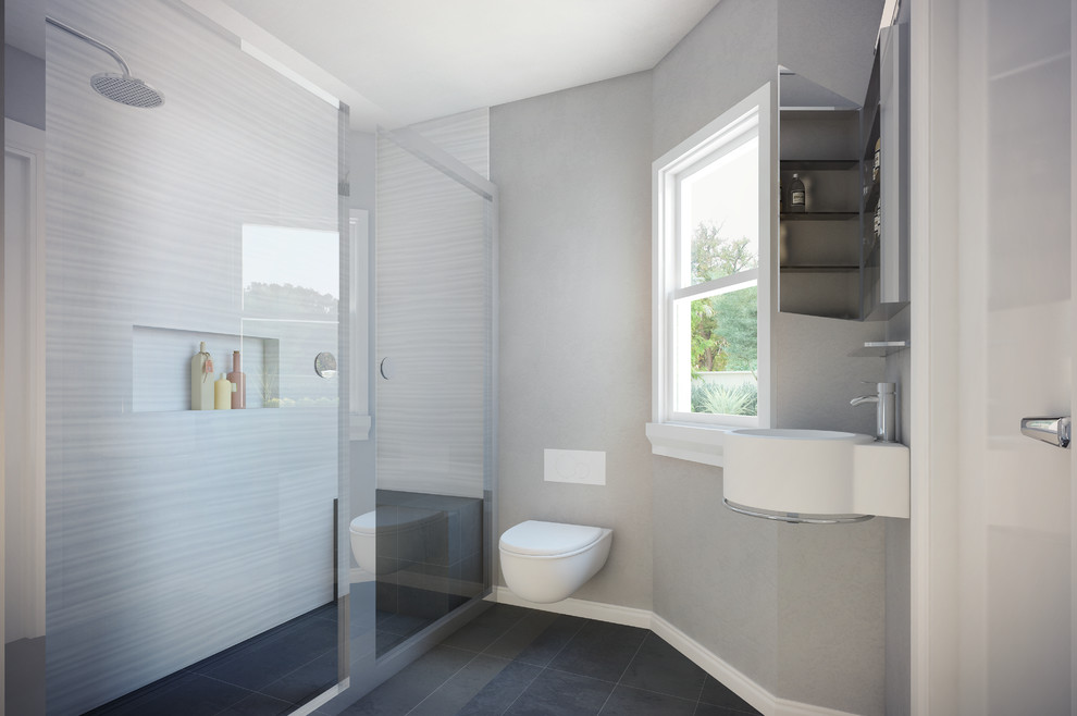 Источник вдохновения для домашнего уюта: ванная комната в стиле неоклассика (современная классика) с подвесной раковиной, душем в нише, инсталляцией и серыми стенами