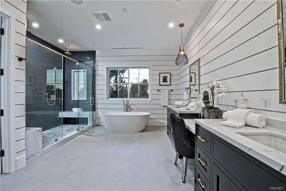 Inspiration for a large modern master black tile white floor, double-sink and shiplap wall bathroom remodel in Los Angeles with shaker cabinets, black cabinets, white walls, quartzite countertops, a hinged shower door, white countertops and a freestanding vanity