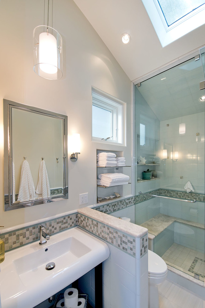 Inspiration for a mid-sized transitional blue tile, multicolored tile, white tile and porcelain tile porcelain tile and beige floor bathroom remodel in San Francisco with a console sink, open cabinets, dark wood cabinets, a two-piece toilet, beige walls and a hinged shower door