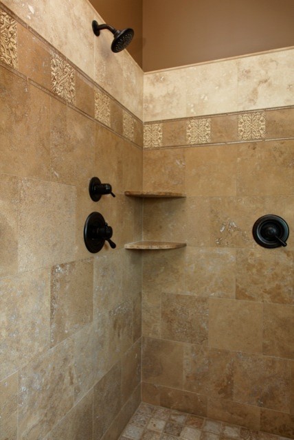 Inspiration for a medium sized traditional shower room bathroom in Louisville with a corner shower, beige tiles and travertine tiles.