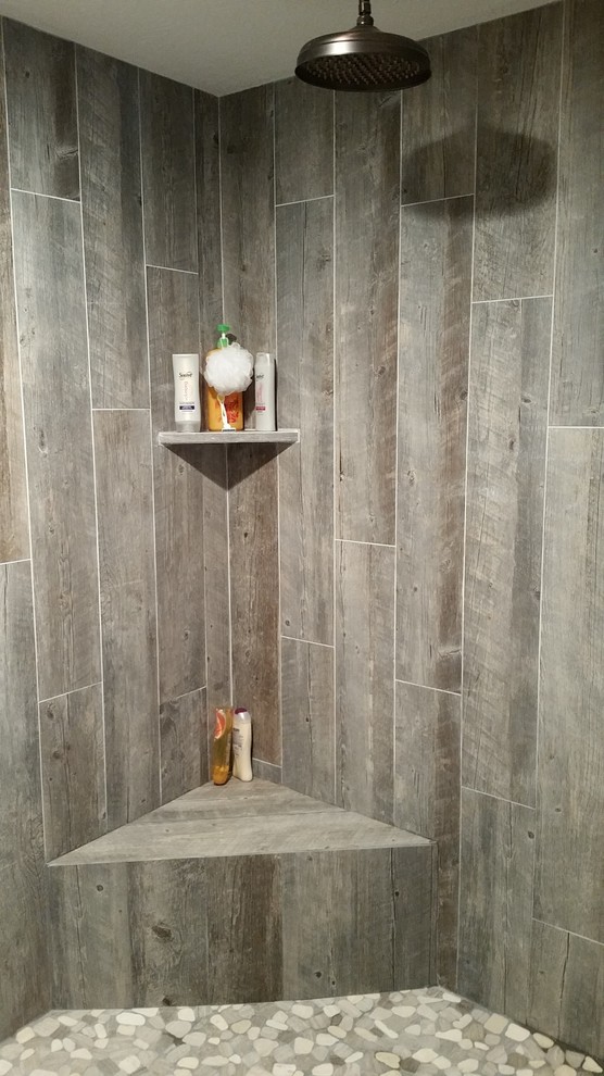 Large rural ensuite bathroom in Houston with an alcove shower, brown tiles, ceramic tiles and mosaic tile flooring.