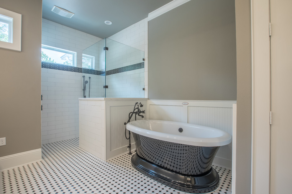 Bathroom - large traditional master white tile and ceramic tile ceramic tile and white floor bathroom idea in Houston with flat-panel cabinets, white cabinets, gray walls, an undermount sink, granite countertops and white countertops