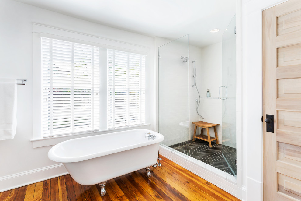 Large transitional master white tile and subway tile slate floor claw-foot bathtub photo in Other with white walls