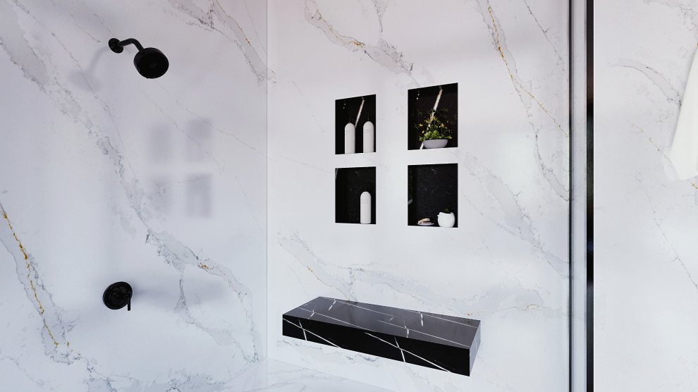 Пример оригинального дизайна: главная ванная комната среднего размера в современном стиле с плоскими фасадами, белыми фасадами, накладной ванной, открытым душем, инсталляцией, белой плиткой, мраморной плиткой, серыми стенами, мраморным полом, накладной раковиной, столешницей из кварцита, серым полом, открытым душем, белой столешницей, сиденьем для душа, тумбой под две раковины и подвесной тумбой