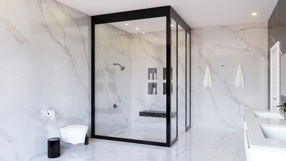 Modern inredning av ett mellanstort vit vitt en-suite badrum, med släta luckor, vita skåp, ett platsbyggt badkar, en öppen dusch, en vägghängd toalettstol, marmorkakel, svarta väggar, marmorgolv, ett nedsänkt handfat, bänkskiva i kvartsit, grått golv, med dusch som är öppen och grå kakel