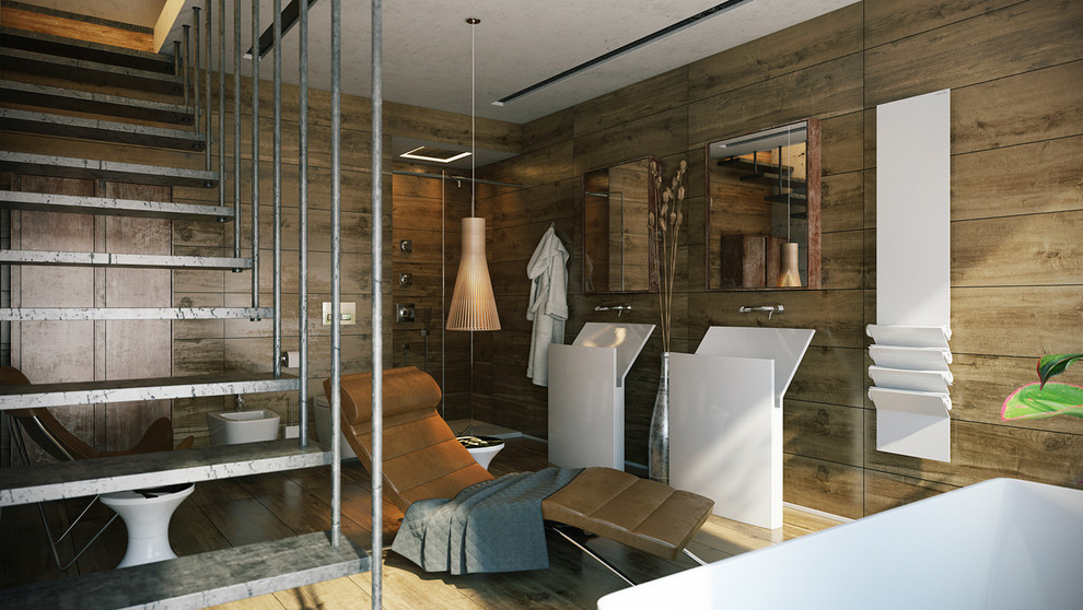 Design ideas for a large sauna bathroom in New York with freestanding cabinets, brown cabinets, a submerged bath, a wall mounted toilet, beige tiles, cement tiles, brown walls, light hardwood flooring, a wall-mounted sink and laminate worktops.