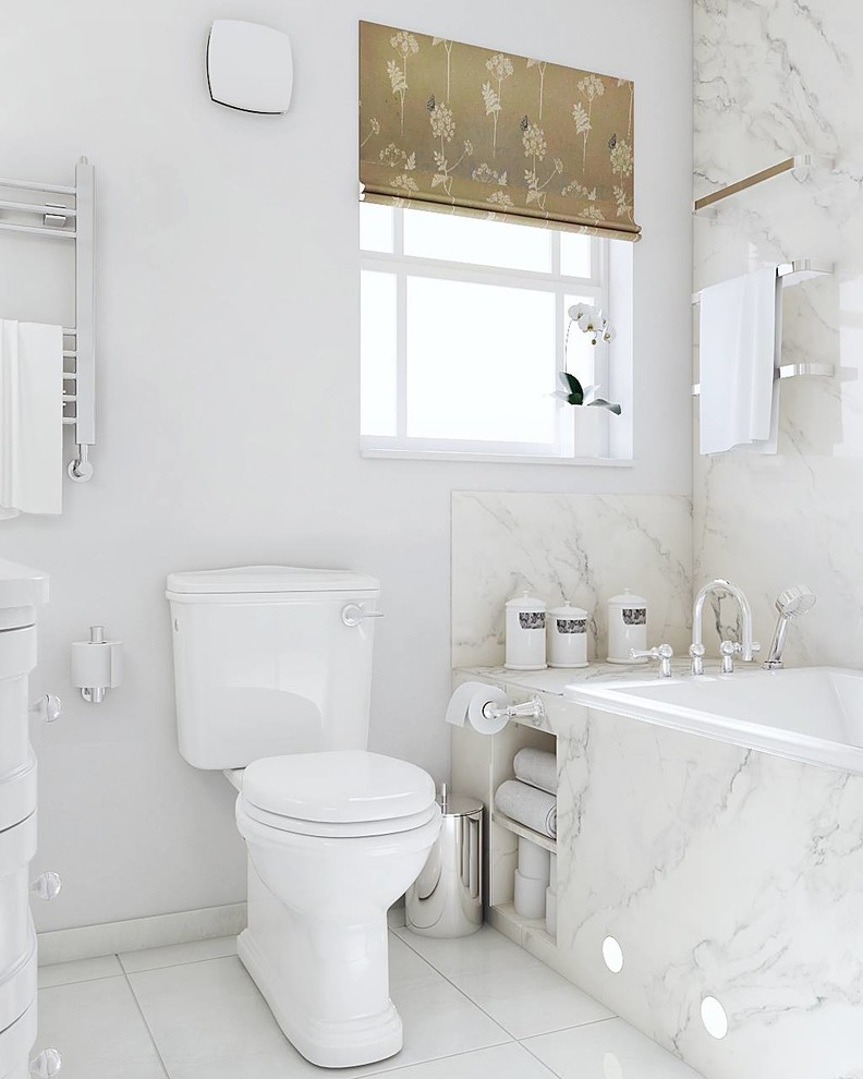 Design ideas for a small classic family bathroom in Cambridgeshire with shaker cabinets, white cabinets, a built-in bath, a two-piece toilet, white tiles, ceramic tiles, white walls, marble flooring, a built-in sink, marble worktops, white floors and grey worktops.