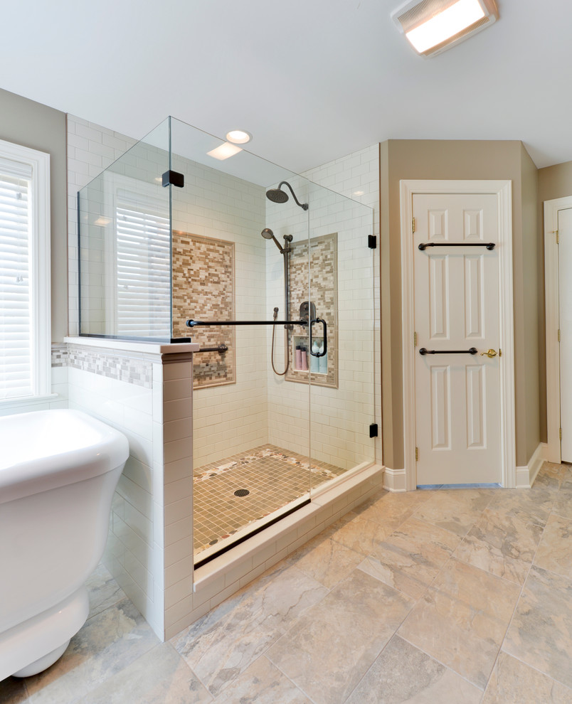 Large traditional ensuite bathroom in Other with a submerged sink, beaded cabinets, dark wood cabinets, quartz worktops, a freestanding bath, an alcove shower, a two-piece toilet, multi-coloured tiles, glass sheet walls, beige walls and porcelain flooring.