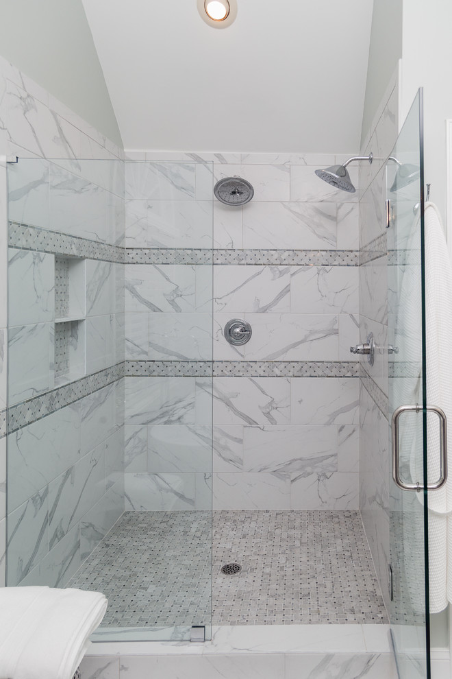 Large traditional ensuite bathroom in Atlanta with shaker cabinets, grey cabinets, a freestanding bath, a double shower, a two-piece toilet, white tiles, marble tiles, green walls, marble flooring, a submerged sink, quartz worktops, white floors, a hinged door and white worktops.