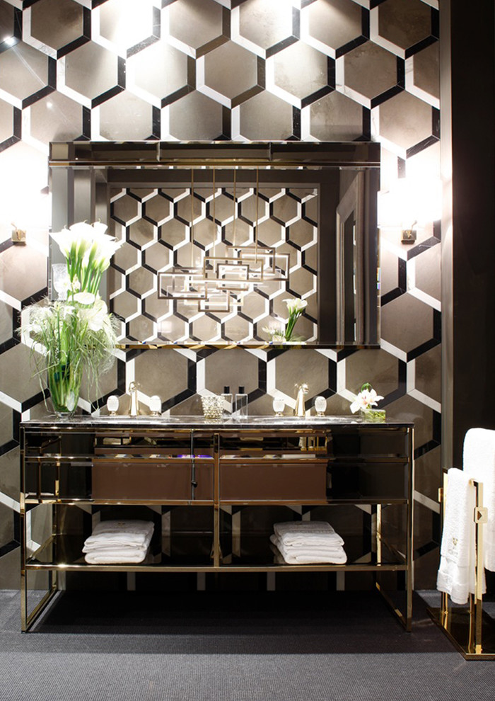 Esempio di una grande stanza da bagno padronale minimalista con lavabo sottopiano, consolle stile comò, ante nere, top in marmo, piastrelle multicolore e pareti multicolore