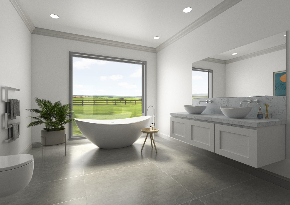 Mittelgroßes Modernes Badezimmer mit Schrankfronten im Shaker-Stil, weißen Schränken, Quarzit-Waschtisch, Doppelwaschbecken und schwebendem Waschtisch in Cork