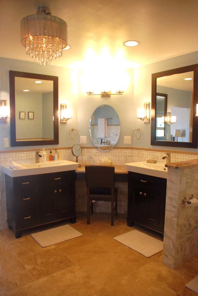 Inspiration for a medium sized classic ensuite bathroom in Denver with a wall-mounted sink, freestanding cabinets, dark wood cabinets, granite worktops, a walk-in shower, a wall mounted toilet, beige tiles, metro tiles, white walls and travertine flooring.