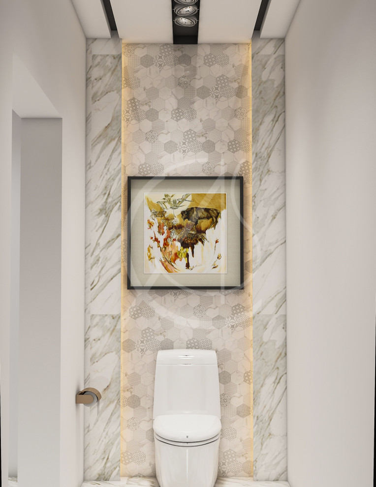 Exemple d'un WC suspendu tendance de taille moyenne avec un placard avec porte à panneau encastré, des portes de placard blanches, un carrelage gris, du carrelage en marbre, un mur gris, un sol en marbre, une vasque et un sol blanc.