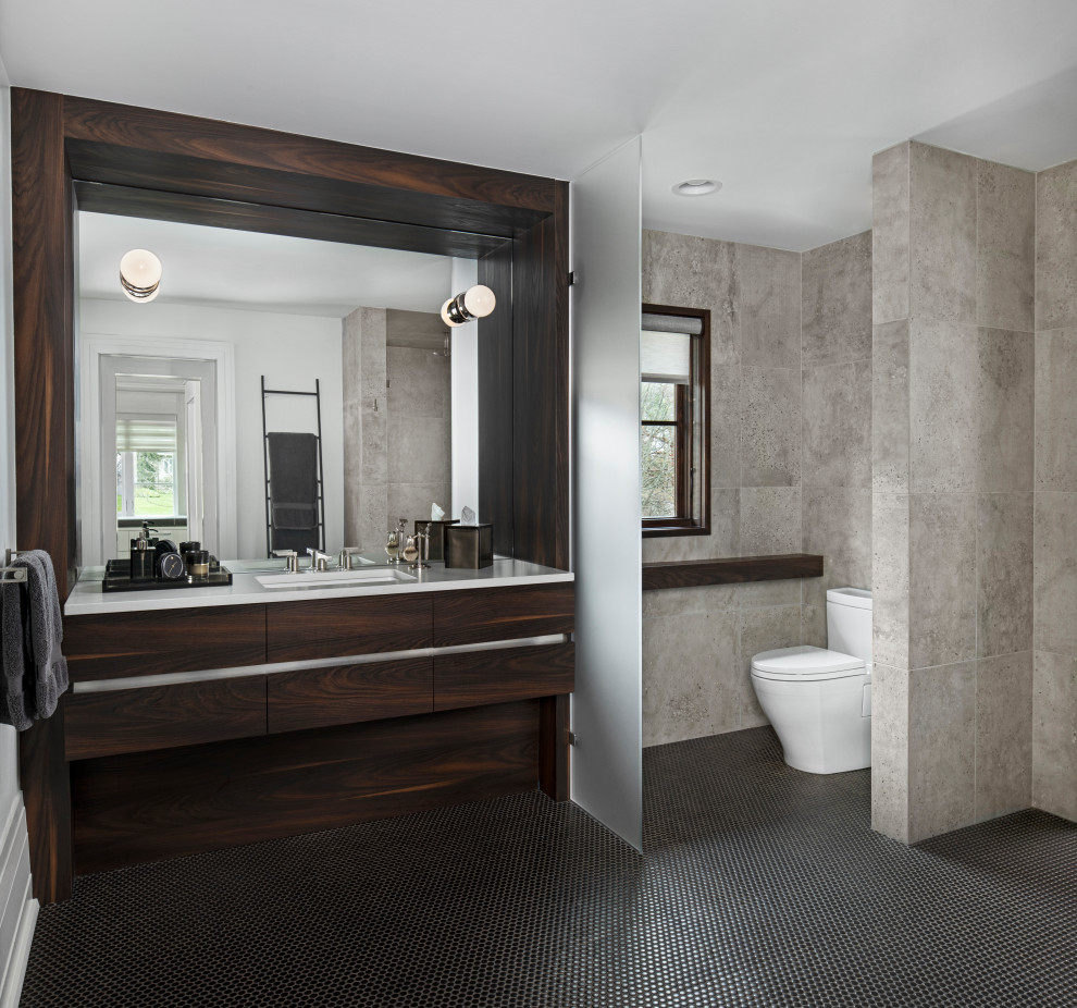 Идея дизайна: большая главная ванная комната в стиле модернизм с плоскими фасадами, коричневыми фасадами, душем в нише, унитазом-моноблоком, бежевой плиткой, керамогранитной плиткой, бежевыми стенами, полом из мозаичной плитки, врезной раковиной, столешницей из искусственного кварца, коричневым полом, душем с распашными дверями, бежевой столешницей, отдельно стоящей ванной и тумбой под одну раковину