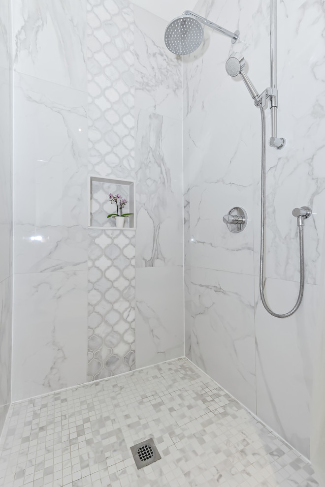 Inspiration for a large modern master white tile and marble tile porcelain tile and white floor corner shower remodel in Toronto with multicolored walls